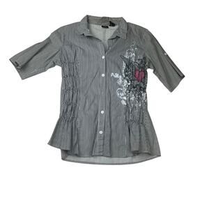 Vanity size XL y2k Black White Striped Shirt button up flaw punk whimsigoth